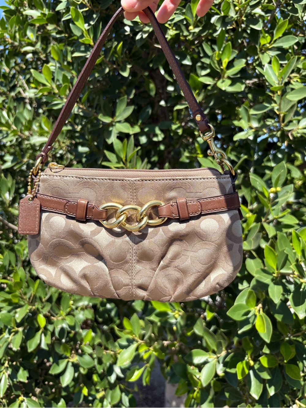 Coach Beige Signature Canvas Shoulder Bag with Brown Trim and Gold Hardware